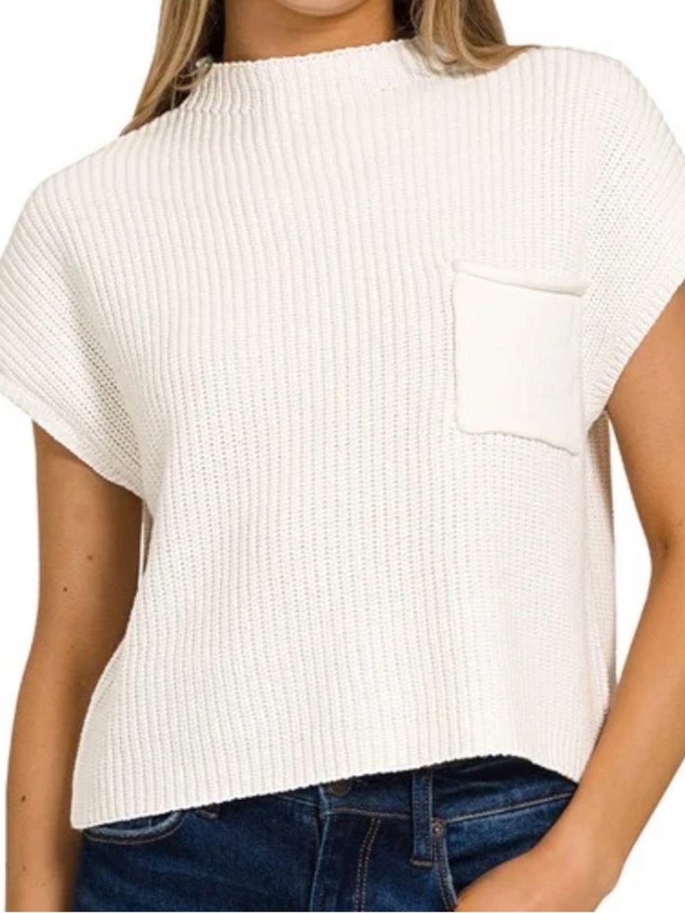 Elan Mock Neck Cap-Sleeve Pocket Sweater Vest